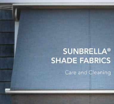 Photo of retractable window awning with Sunbrella Shade Fabrics Care and Cleaning noted.